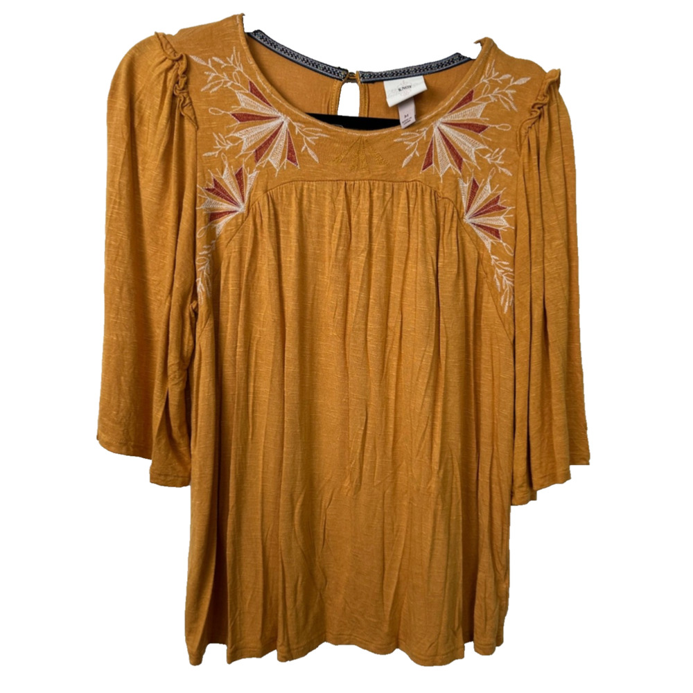 Knox Rose Blouse Top Women's M Yellow Embroidered Bohemian Peasant Relaxed A17